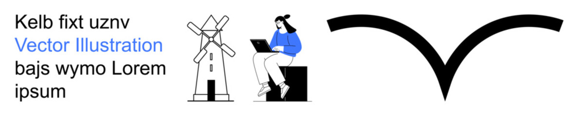 Remote work, sustainable energy, creative design, minimalism, modern lifestyle, tech. Person working on laptop, windmill abstract lines. Remote work and sustainable energy concepts