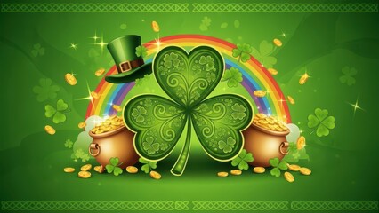 Vibrant St. Patrick's Day scene with shamrock, rainbow, and gold coins