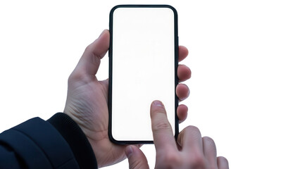Hand holding smartphone with blank white screen over blurred winter snow landscape Isolated on Transparent Background