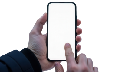 Hand holding smartphone with blank white screen over blurred winter snow landscape Isolated on Transparent Background