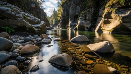 Serene river flowing through rocky canyon with mossy cliffs and trees