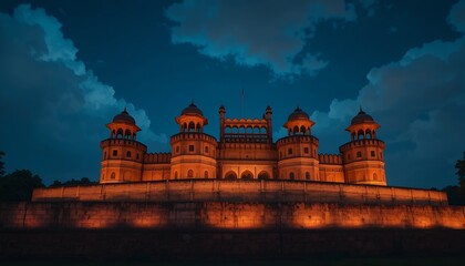 Illuminated historic sandstone fortress at twilight with dramatic clouded sky