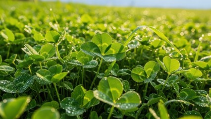 Vibrant green clover field with dew drops sparkling in sunlight