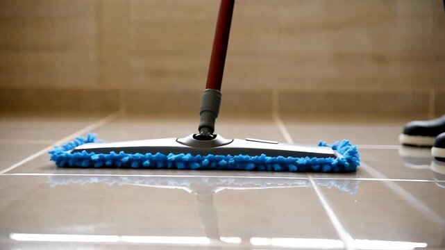 Close up of microfiber flat mop cleaning shiny tiled floor in domestic interior representing household chores and floor care