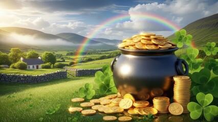 Lucky pot of gold coins under vibrant rainbow in Irish countryside