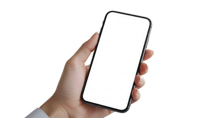 Hand holding smartphone with blank white screen in modern office environment Isolated on Transparent Background