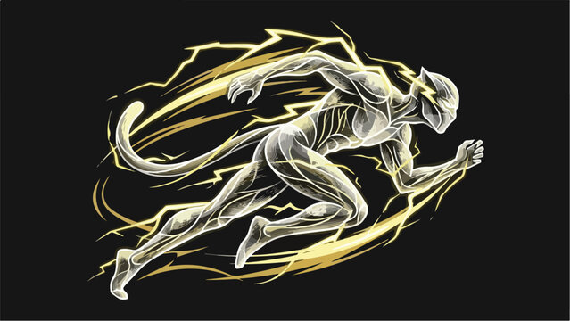 Dynamic illustration of a running figure surrounded by lightning bolts symbolizing speed and power on a dark background.