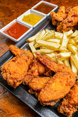 Crispy Fried Chicken Wings with Golden French Fries and Assorted Dipping Sauces on Black Plate Close Up