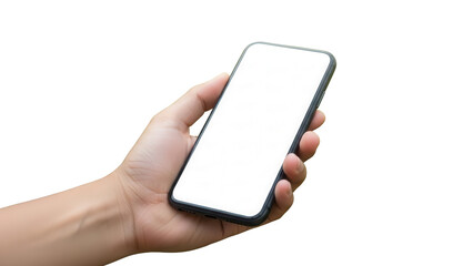 Hand holding smartphone with blank white screen against blurred green nature background Isolated on Transparent Background