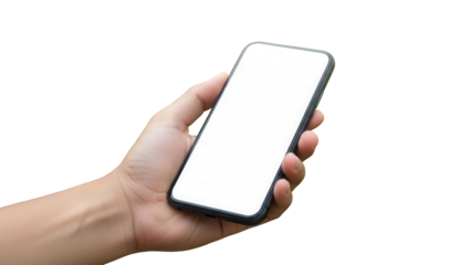 Hand holding smartphone with blank white screen against blurred green nature background Isolated on Transparent Background