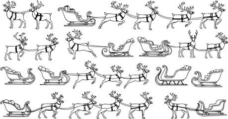 Hand-drawn Christmas Reindeer and Sleigh Vector Set. Various Santa's Sleighs and Reindeer in Different Poses, Black and White Holiday Illustrations.