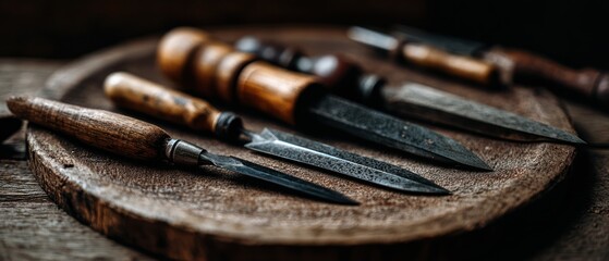 Close up of carpentry tools on a wooden surface