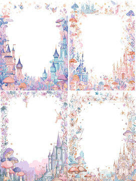 Dreamy watercolor fairytale castle frame set with soft pastel splashes, magical borders for kids invitations, princess parties, storybook covers, posters and greetings.