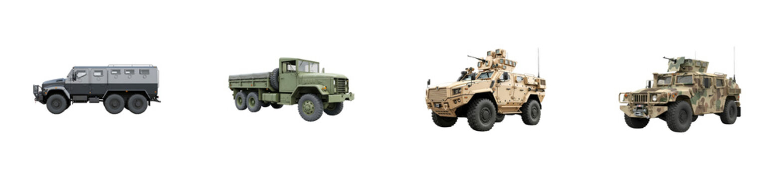 Four different military armored vehicles and trucks including a gray personnel carrier, a green cargo transport, and two tactical combat vehicles with machine gun turrets
