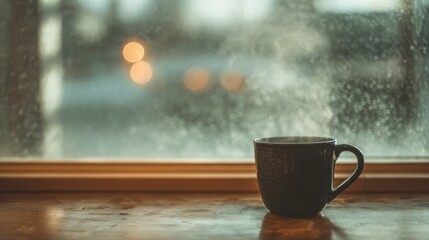 Steaming mug on a windowsill