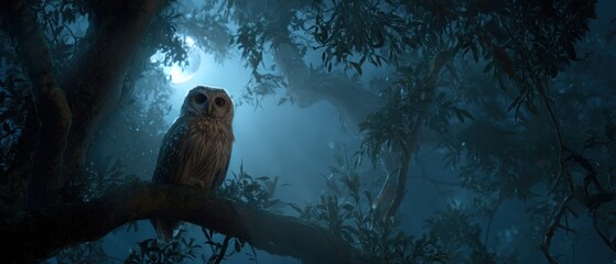 Owl perched on a tree branch in a mysterious forest