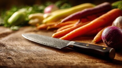 Knife and fresh vegetables on wooden board
