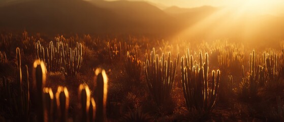 Desert landscape with cacti at sunset