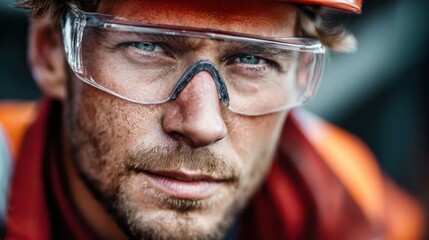 Close up of a construction worker wearing safety glasses