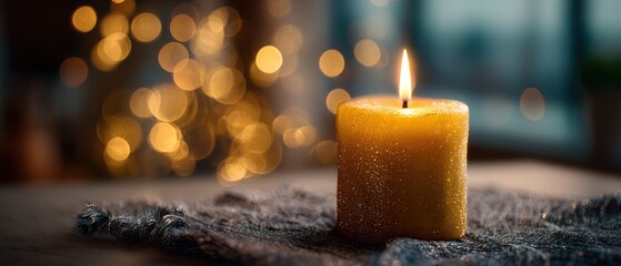 Lit candle on a table