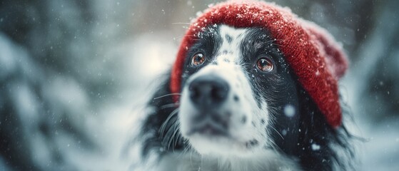 Dog wearing a red hat in a snowy environment