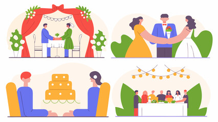 Wedding ceremony and reception activities set featuring ceremony, couple portrait, cake cutting and dinner party