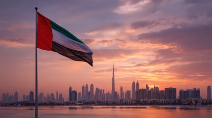 A vibrant sunrise casts a warm glow over a modern city skyline and the UAE flag, reflecting in the calm waters