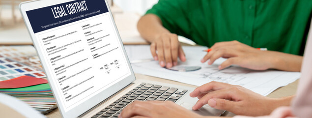 Fototapeta premium Digital legal contract provide terms and conditions document on computer screen ready for online digital signature for deal agreement of future business brisk