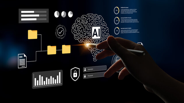 A hand touches a futuristic interface displaying an AI brain and data analytics, symbolizing innovative technology and digital interaction in business solutions. Gantry - Powered by Adobe
