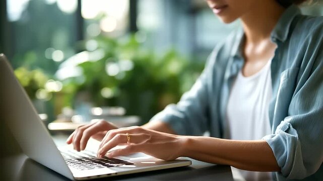 Telecommuting arrangement with anonymous professional at laptop hazy residential office distant team coordination screen meeting setup home workspace configuration with copy