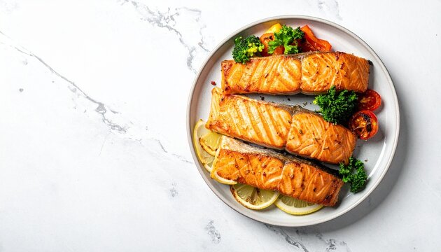 Gegrillte Lachsfilets mit Haut, aus der Draufsicht auf  einer Servierplatte angerichtet