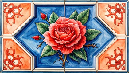 Vibrant pink rose on blue and orange floral tile mosaic