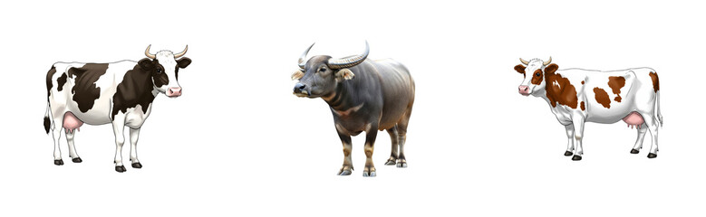 Collection of three farm animals featuring two illustrated dairy cows and a realistic water buffalo in a full body view showing different livestock species for agricultural concepts