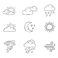 Weather forecast icons set with sun clouds rain and storm doodles