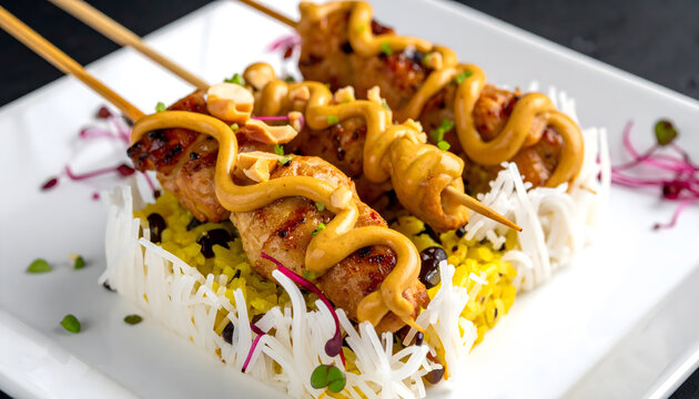 Zwei Sate-Spie&szlig;e mit cremiger Erdnusssauce auf Curry-Kurkuma-Reis mit schwarzen Bohnen, serviert in einem Nest aus Glasnudeln und Udon-Nudeln. Modernes asiatisches Food-2.0-Gericht, stilvoll photo, ad