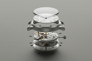 Wristwatch components in exploded view, floating metallic gears, silver case, glass crystal, white face, technical precision, neutral grey background
