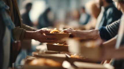 Volunteers distributing warm meals at shelter