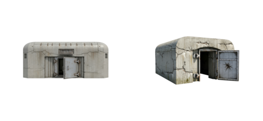 Two old weathered concrete military bunkers with cracked walls and open heavy steel doors, shown from front and side angles in a realistic, gritty post-apocalyptic style