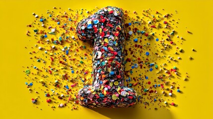 A vibrant, textured numeral "1" lies on a solid yellow background, surrounded by scattered colorful confetti, creating a celebratory effect