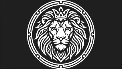 Majestic Lion Head with Crown in Ornate Circular Frame.