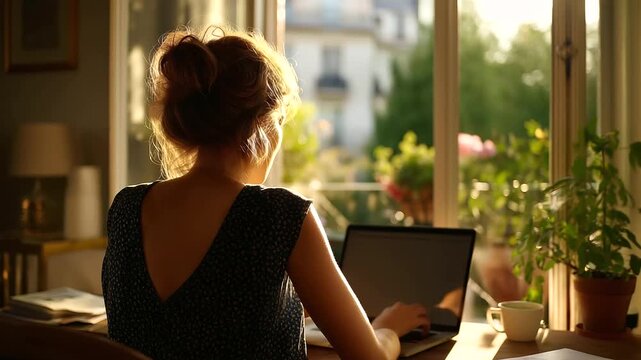 Individual at computer in cozy residential workspace natural illumination rear perspective view home telecommuting scene freelance setting display back angle composition with