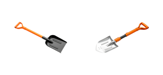 Two modern shovels with bright orange handles, one a black snow scoop and the other a silver pointed spade, representing tools for gardening, construction, or winter work