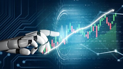 A futuristic robot hand reaches out to interact with digital financial data visualizations, illustrating advanced trading trends and market analysis in a high-tech environment. Copula