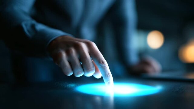 Person interacting with futuristic interface selection anonymous hand gesture soft digital display workplace model choice option selection visualization technology decision