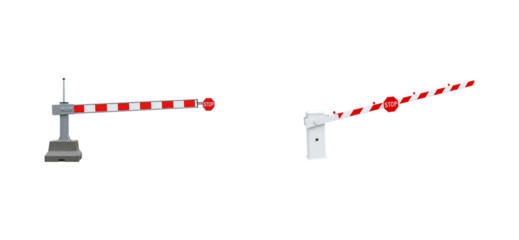 Two different automatic boom barrier gates with red and white stripes and stop signs, one in a closed horizontal position and the other in an open angled position