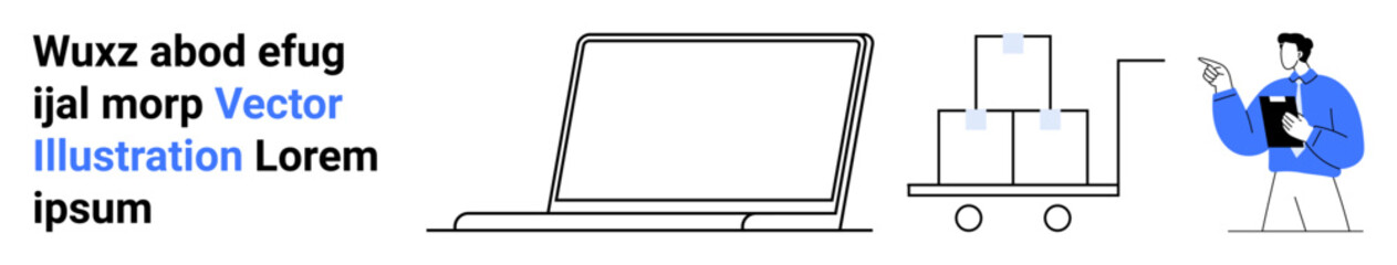Obraz premium Logistics, delivery services, online commerce, business management, warehousing, digital solutions. A laptop, a cart with boxes and a professional pointing at details. Logistics and delivery concept
