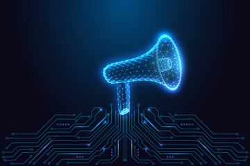 Glowing digital megaphone on circuit board, communication and marketing tech vector