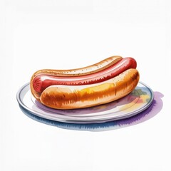 Two Hot Dogs on a Plate With Watercolor Style and Simple Food Design Showcasing Colors and Shapes