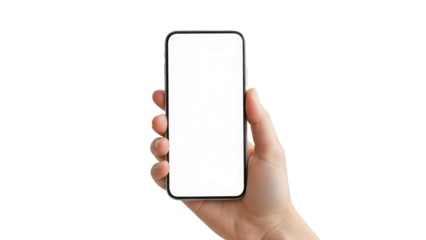 Clean smartphone mockup with blank display held by hand in minimal nursery Isolated on Transparent Background