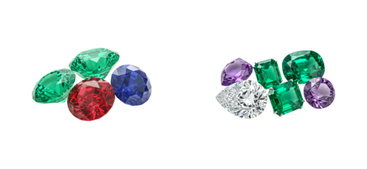 Vibrant assortment of precious faceted gemstones in two groups, featuring emerald, ruby, sapphire, amethyst, and a brilliant pear-shaped diamond in various elegant cuts